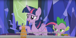 Size: 1920x960 | Tagged: safe, screencap, spike, twilight sparkle, alicorn, pony, g4, my little pony: friendship is magic, what about discord?, discovery family logo, female, mare, meme, twilight sparkle (alicorn), youtube caption