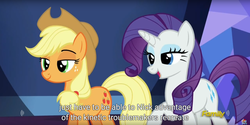 Size: 1920x960 | Tagged: safe, screencap, applejack, rarity, g4, what about discord?, discovery family logo, meme, youtube caption