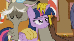 Size: 634x351 | Tagged: safe, edit, edited screencap, screencap, discord, twilight sparkle, alicorn, draconequus, pony, g4, what about discord?, animated, censored, discovery family logo, eyes closed, female, floppy horn, frown, glare, horn, horn flick, lewd, lidded eyes, mare, mosaic censor, petting, twilight sparkle (alicorn), unamused, unnecessary censorship