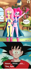Size: 454x1024 | Tagged: safe, artist:dieart77, edit, fluttershy, pinkie pie, equestria girls, g4, andrea libman, armor, belly button, bikini, breasts, busty fluttershy, busty pinkie pie, chichi, cleavage, clothes, dragon ball, dragon ball z, dragonball z abridged, female, kakarotpie, male, midriff, son goku, swimsuit, voice actor joke