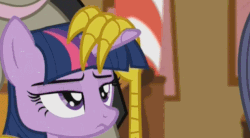 Size: 634x351 | Tagged: safe, screencap, discord, twilight sparkle, alicorn, pony, g4, what about discord?, animated, female, flaccid, floppy horn, horn, mare, out of context, twilight sparkle (alicorn), twilight sparkle is not amused, unamused