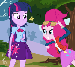 Size: 1024x910 | Tagged: dead source, safe, artist:angelitus01, pinkie pie, twilight sparkle, equestria girls, g4, what about discord?, back to the future, clothes, duo, equestria girls interpretation, marty mcfly, pinkie klein, pinkie mcpie, reference, scene interpretation, show accurate, skirt, sunglasses, that was fast, twilight sparkle (alicorn)