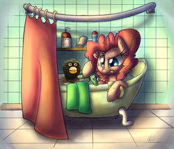 Size: 965x828 | Tagged: safe, artist:leadhooves, edit, gummy, pinkie pie, g4, bath, bathroom, don't hug me i'm scared, photobomb, robin crowe