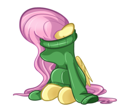 Size: 1633x1439 | Tagged: safe, artist:flamevulture17, fluttershy, pegasus, pony, g4, clothes, female, gravity falls, green sweater, hiding, mabel pines, male, mare, scared, simple background, sitting, solo, sweater, sweater town, sweatershy, transparent background
