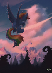 Size: 1480x2093 | Tagged: safe, artist:hunky-dory-artist, rainbow dash, pegasus, pony, g4, female, flying, mare, mountain, scenery, solo, spread wings, stars, wings