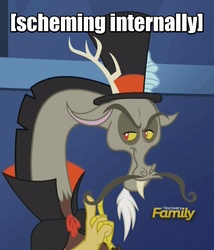 Size: 879x1028 | Tagged: safe, edit, edited screencap, screencap, discord, g4, what about discord?, dastardly whiplash, descriptive noise, discovery family logo, image macro, male, meme, pure unfiltered evil, reaction image, solo, x internally