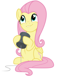 Size: 6000x6911 | Tagged: safe, artist:pirill, fluttershy, pegasus, pony, g4, scare master, absurd resolution, cute, female, lip bite, mare, simple background, sitting, smiling, solo, string, tin can, transparent background, vector