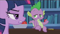 Size: 1920x1080 | Tagged: safe, screencap, spike, dragon, pony, g4, what about discord?, asking for it, discovery family logo, female, gem, male, mare, smug, stupid sexy spike