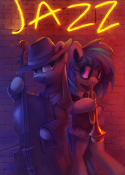 Size: 1024x1440 | Tagged: safe, artist:anticular, dj pon-3, octavia melody, vinyl scratch, earth pony, pony, unicorn, g4, bipedal, cello, clothes, double bass, duo, duo female, female, hat, jazz, mare, musical instrument, neon, neon sign, trumpet