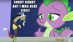 Size: 610x351 | Tagged: safe, screencap, discord, spike, g4, what about discord?, burn, discovery family logo, image macro, meme, shrunk