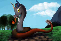 Size: 1024x683 | Tagged: safe, artist:xormak, discord, snake, g4, what about discord?, hisscord, male, sneakysnake, solo, tongue out