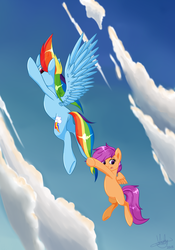 Size: 1600x2286 | Tagged: safe, artist:violyre, rainbow dash, scootaloo, pegasus, pony, g4, duo, flying, sky, tail pull