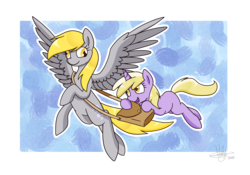 Size: 1280x896 | Tagged: safe, artist:violyre, derpy hooves, dinky hooves, pegasus, pony, unicorn, g4, duo, equestria's best mother, female, flying, holding, mare, satchel, simple background, transparent background