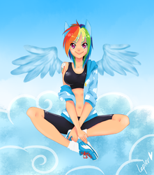 Size: 1500x1700 | Tagged: safe, artist:lepler, rainbow dash, human, g4, belly button, clothes, cloud, compression shorts, eared humanization, female, humanized, jacket, looking at you, midriff, shoes, shorts, signature, sitting, smiling, sneakers, socks, solo, sports bra, winged humanization