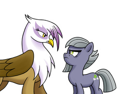 Size: 1089x843 | Tagged: safe, artist:royalrainbow51, gilda, limestone pie, earth pony, griffon, pony, g4, duo, face to face, glare, simple background, stare down, white background