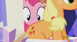 Size: 2560x1407 | Tagged: safe, screencap, applejack, pinkie pie, earth pony, pony, g4, what about discord?, applebutt, discovery family logo, do she got a booty, faic, female, looking at butt, mare, out of context