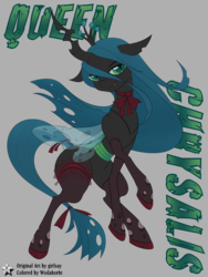 Size: 3375x4500 | Tagged: safe, artist:girlsay, artist:wodahseht, queen chrysalis, changeling, changeling queen, g4, bipedal, bow, clothes, colored, female, garter belt, garters, lace, lingerie, looking at you, smiling, solo, stockings, tail bow