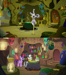 Size: 1280x1440 | Tagged: safe, screencap, spike, twilight sparkle, zecora, alicorn, pony, zebra, g4, swarm of the century, what about discord?, candle, comparison, discovery family logo, dreamcatcher, female, magic, mare, scenery, twilight sparkle (alicorn), zecora's hut