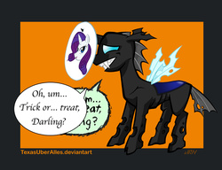 Size: 720x553 | Tagged: safe, alternate version, artist:texasuberalles, rarity, changeling, g4, female, halloween, mask, nervous, paper-thin disguise, seems legit, solo, you dun goofed