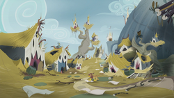 Size: 1920x1080 | Tagged: safe, screencap, galena, gannet, gerard, gillian, giselle, irma, griffon, g4, the lost treasure of griffonstone, background griffon, city, griffonstone, rubble, ruins, unnamed character, unnamed griffon