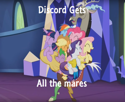 Size: 1173x961 | Tagged: safe, applejack, discord, fluttershy, pinkie pie, rainbow dash, rarity, spike, twilight sparkle, alicorn, pony, g4, what about discord?, discord gets all the mares, female, group hug, hug, mane seven, mane six, mare, twilight sparkle (alicorn)