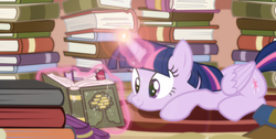 Size: 1920x966 | Tagged: safe, screencap, twilight sparkle, alicorn, pony, g4, pinkie apple pie, book, female, mare, reading, solo, that pony sure does love books, twilight sparkle (alicorn)