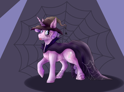 Size: 3358x2500 | Tagged: safe, artist:artoffel-kartoffel, oc, oc only, oc:quartz horn, crystal pony, pony, spider, unicorn, cape, clothes, female, filly, hat, high res, nightmare night, solo, spider web, witch, witch hat