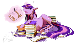 Size: 3200x1800 | Tagged: safe, artist:cabbion, twilight sparkle, g4, bangs, book, female, glowing horn, hair over eyes, horn, magic, pen, solo, telekinesis