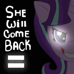 Size: 540x540 | Tagged: safe, artist:apple-jazzy, starlight glimmer, five nights at aj's, g4, equal cutie mark, evil smile, female, five nights at freddy's, five nights at pinkie's, glowing eyes, grin, purple guy, quote, solo, springtrap, startrap