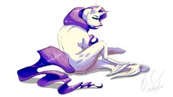 Size: 3200x1800 | Tagged: safe, artist:cabbion, rarity, semi-anthro, g4, blank stare, female, lidded eyes, long feather, looking away, looking back, prone, rear view, simple background, solo, unshorn fetlocks