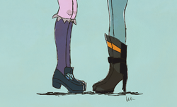 Size: 1024x619 | Tagged: dead source, safe, artist:pastelbuttons, sci-twi, sunset shimmer, twilight sparkle, equestria girls, g4, boots, clothes, female, high heel boots, implied kissing, legs, lesbian, mlp ship week 2024, pictures of legs, ship:sci-twishimmer, ship:sunsetsparkle, shipping, shoes, simple background, socks, tiptoe