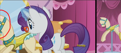 Size: 1692x750 | Tagged: safe, screencap, rarity, pony, g4, what about discord?, bridle, butt, carousel boutique, cropped, discovery family logo, female, mannequin, mare, plot, slowpoke