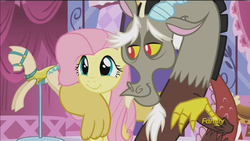 Size: 1334x750 | Tagged: safe, screencap, discord, fluttershy, draconequus, pegasus, pony, g4, what about discord?, carousel boutique, cute, discovery family logo, discute, mannequin, shyabetes