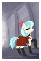 Size: 800x1200 | Tagged: safe, artist:warskunk, coco pommel, g4, bedroom eyes, choker, city, clothes, dress, female, looking at you, raised hoof, red dress, solo, stockings