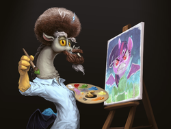 Size: 1440x1080 | Tagged: safe, artist:assasinmonkey, discord, twilight sparkle, alicorn, draconequus, pony, g4, what about discord?, afro, bob ross, canvas, discord's painting, draconiross, easel, female, mare, painting, palette, parody, realistic, reference, scene interpretation, solo, that was fast, twilight sparkle (alicorn)