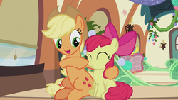 Size: 1280x720 | Tagged: safe, edit, edited screencap, screencap, apple bloom, applejack, g4, hearthbreakers, boop