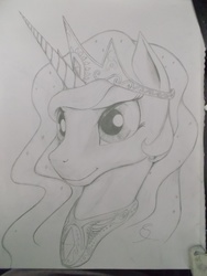 Size: 3216x4288 | Tagged: safe, artist:scribblepwn3, princess celestia, alicorn, pony, g4, female, monochrome, pencil drawing, portrait, solo, traditional art