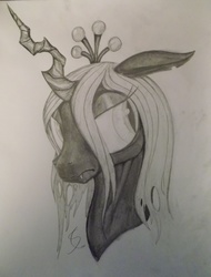 Size: 3216x4237 | Tagged: safe, artist:scribblepwn3, queen chrysalis, changeling, changeling queen, g4, crown, female, jewelry, monochrome, pencil drawing, regalia, solo, traditional art