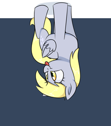 Size: 1400x1600 | Tagged: safe, artist:notenoughapples, derpy hooves, pegasus, pony, g4, :p, :t, blue background, cartoon physics, cute, derpy being derpy, derpy physics, featured image, female, i just don't know what went wrong, looking back, silly, simple background, smiling, solo, tongue out, upside down
