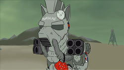 Size: 1366x769 | Tagged: safe, artist:captainhoers, screencap, oc, oc only, oc:steelhooves, fallout equestria, armor, caricature, cutie mark on clothes, dice, fuzzy dice, gun, hill, male, power armor, radio tower, romney 2012, semi-grimdark source, sky, solo, tower, wash me, wasteland, weapon