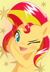 Size: 1280x1828 | Tagged: safe, artist:toughbluff, sunset shimmer, pony, unicorn, g4, female, looking at you, solo, wingding eyes, wink