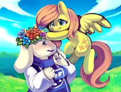 Size: 850x651 | Tagged: safe, artist:ende26, fluttershy, g4, blushing, commission, crossover, cute, flower, flower in hair, shyabetes, toriel, undertale