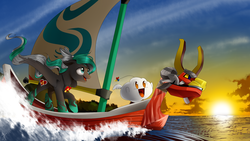 Size: 2560x1440 | Tagged: safe, artist:supermare, pony, coat markings, commission, crossover, king of red lions, nintendo, ocean, open mouth, ponified, ship, sky, sun, sunrise, swirly markings, the legend of zelda, the legend of zelda: the wind waker
