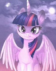 Size: 528x667 | Tagged: safe, artist:caramelbunnies, artist:discord, edit, twilight sparkle, alicorn, pony, g4, what about discord?, art, cute, discord's painting, female, looking at you, mare, moon, night, sitting, sky, smiling, solo, spread wings, stars, twiabetes, twilight sparkle (alicorn)