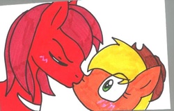 Size: 576x368 | Tagged: safe, artist:cmara, applejack, g4, appleknux, crossover, crossover shipping, kissing, knuckles the echidna, knuxjack, male, ponified, shipping, sonic the hedgehog (series), traditional art