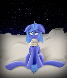 Size: 1030x1200 | Tagged: safe, artist:bacbko, princess luna, alicorn, pony, g4, :c, female, floppy ears, frown, moon, mouth hold, s1 luna, sign, solo, space