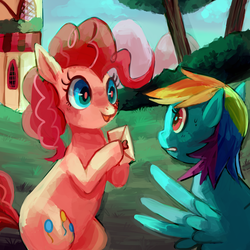 Size: 1280x1280 | Tagged: dead source, safe, artist:cherivinca, pinkie pie, rainbow dash, earth pony, pegasus, pony, g4, letter, mail, wingboner