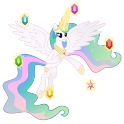 Size: 8500x8500 | Tagged: safe, artist:osipush, artist:techrainbow, princess celestia, alicorn, pony, g4, absurd resolution, element of generosity, element of honesty, element of kindness, element of laughter, element of loyalty, element of magic, elements of harmony, ethereal mane, female, flying, horn, implied princess luna, inkscape, levitation, magic, mare, offscreen character, reaching, simple background, solo, spread wings, telekinesis, transparent background, vector, wings