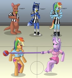 Size: 855x934 | Tagged: safe, artist:gameboysage, diamond tiara, rainbow dash, scootaloo, fox, kangaroo, anthro, g4, belly button, blowing, blowing whistle, bottomless, clothes, converse, dodgeball, gym, halloween, kanga, krystal, nightmare night, puffy cheeks, referee, shoes, short shirt, skirt, sports, star fox, whistle, whistle necklace, wig