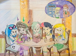 Size: 1040x769 | Tagged: safe, artist:bluek9, bon bon, derpy hooves, dj pon-3, doctor whooves, lyra heartstrings, octavia melody, sweetie drops, time turner, vinyl scratch, equestria girls, g4, background five, thought bubble, traditional art